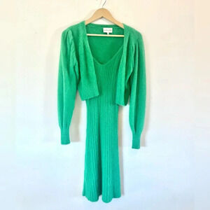 Freshman 1996 Kelly Green Fuzzy Soft Midi Dress Cardigan Matching Set Size XS